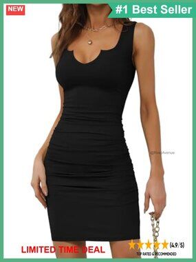 Sleeveless V Neck Ruched Bodycon Mini Dress Knit Summer Tank Dress
